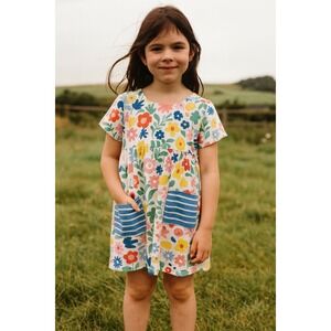 Mini Boden Floral Print Dress Girls 11-12‎ White Multicolor Short Sleeve Preppy